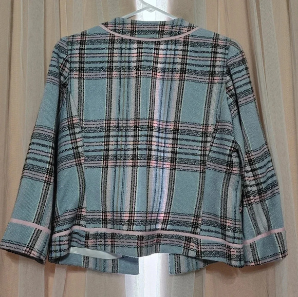 View Cropped Tweed Blazer/Dress Jacket, Light Blue/Pink Plaid, Lined, Sz 6, EUC! - Picture 2 of 14